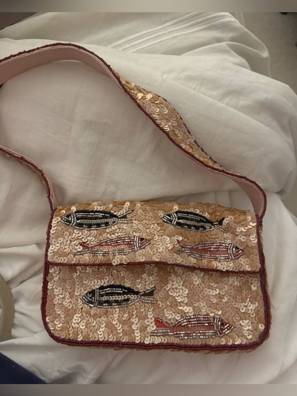 Anthropologie Sequin Fish Embellished Crossbody Bag in Champagne